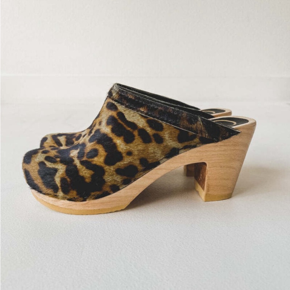 No. 6 Store New School deep lake Clog clogs mules wooden Leopard Pony calf hair - Picture 2 of 9